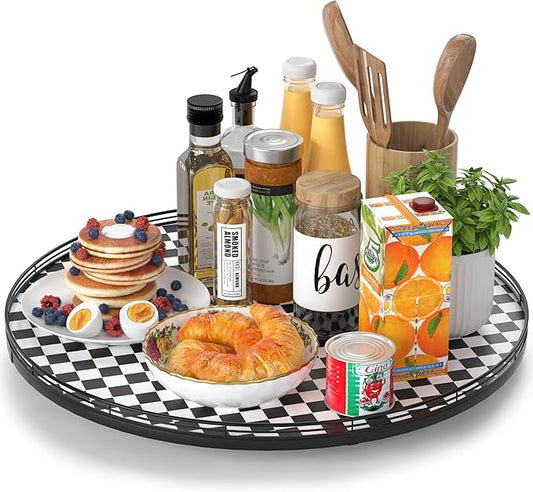 21" Black and White Kitchen Lazy Susan Turntable, Round Checkered Decorative Tray, Large Lazy Susan for Dining Table Centerpiece, Pantry, Kitchen, Bathroom, Countertop, Cupboard, Home Decor