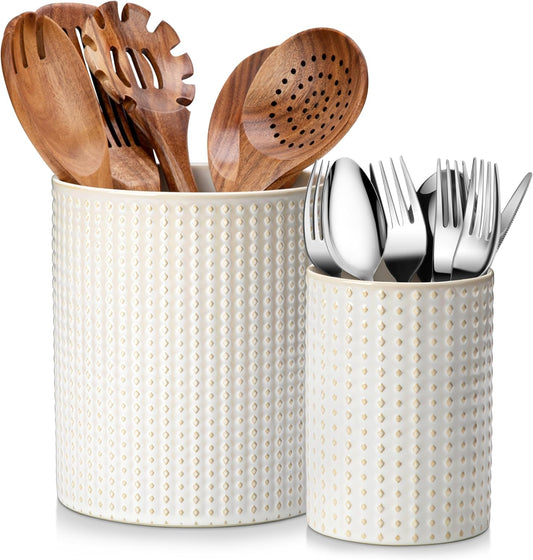 MALACASA LYDIA Ceramic Utensil Holders, 7.3"+5.5" Kitchen Utensil Crock Set for Countertop, Large & Small Utensil Organizers for Cooking Tools, Rhombus Pattern