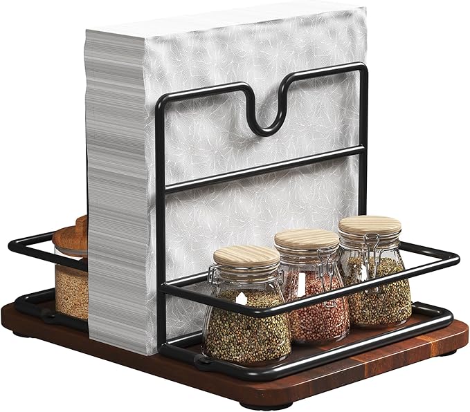 Napkin Holder for Table, 2 IN 1 Napkin Holders That Can Hold Salt Jar and Pepper Jar, Napkin Dispenser, Modern Dining Table Decor, Metal Racks and Wooden Bases, Walnut