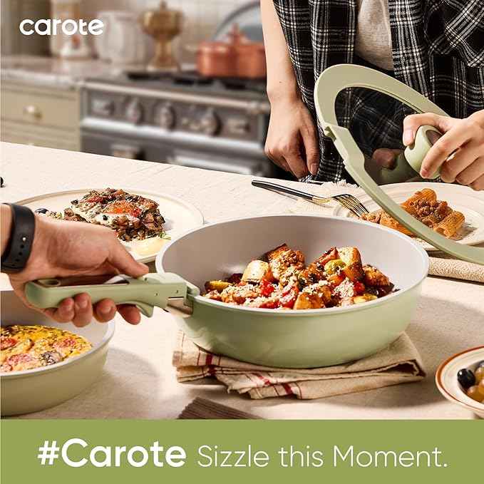 CAROTE 27pcs Ceramic Cookware Set Nonstick, Pots and Pans Set Non stick, Non Toxic Cookware, Dishwasher/Oven Safe, RV/Camping Cookware Set, Pan and Pot with Kitchen Utensils, Green