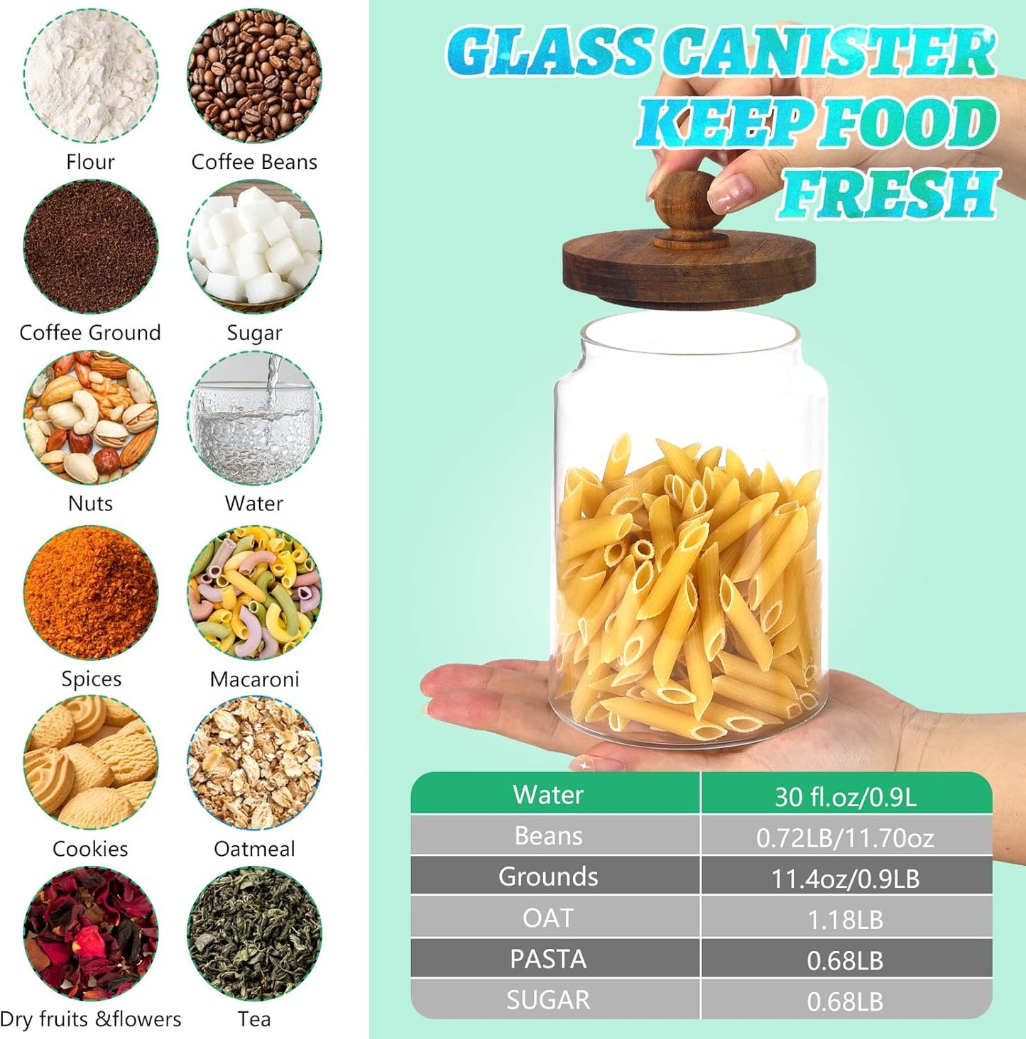 Glass Spice Jar Coffee Sugar Container Airtight Glass Jar Food Storage Canisters Bottle for Kitchen Seasoning Tea Herb Overnight Oats Bar Parfait Snacks (900ml/30oz-1pcs-A)