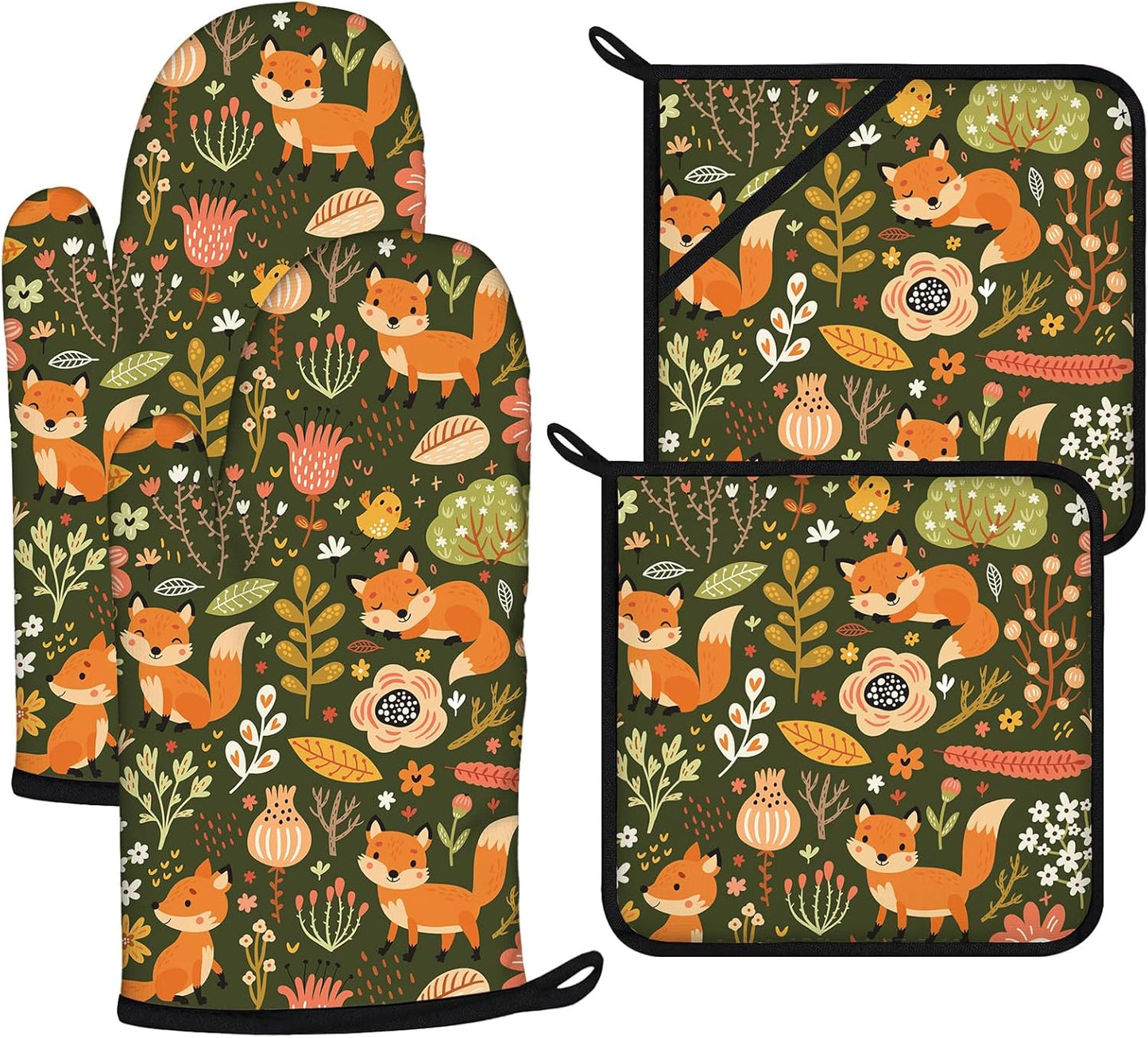 Fox Oven Mitts and Pot Holders Sets 4Pcs,Extra Long Oven Gloves Potholder for Kitchen Cooking Baking BBQ 100% Cotton Heat Resistant