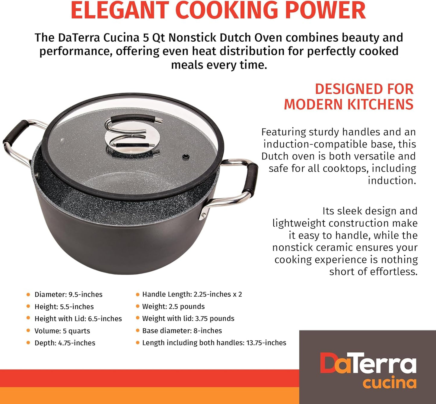 DaTerra Cucina - 5 Qt Nonstick Ceramic Dutch Oven Pot with Lid – Lightweight Nonstick Pot with Dual Handles, Perfect for Soup, Pasta, Sautéing, Searing, Induction & Stovetop Safe - Black