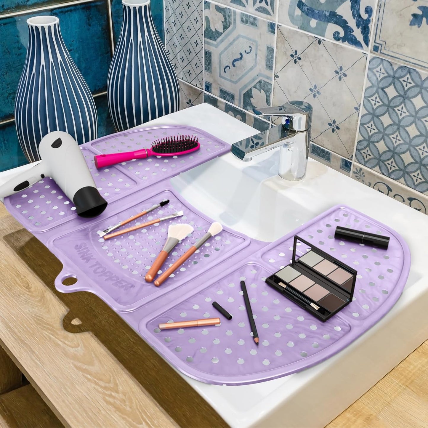 Sink Topper Bathroom Counter Cover & Storage Saver, Foldable Silicone Mat for Hot Tools, Hair Styling & Makeup, Beauty Brush Cleaning Mat, RV Camper Sink Cover & for Small Spaces (Large Lavender)