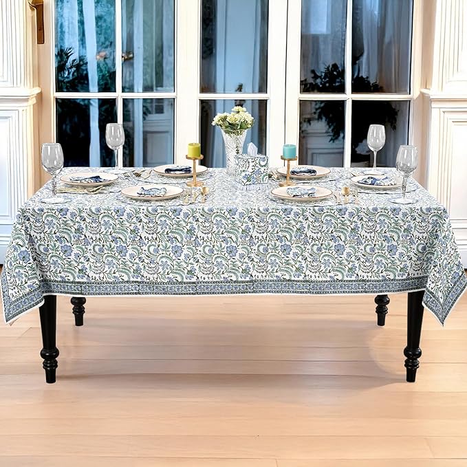 Ridhi Columbia Blue Hand Block Print Cotton Rectangle Tablecloth 118 x 70 inches Reusable Table Cover Decorative Everyday Use for Dining Room, Farmhouse, Home, Party, Festive & Wedding, Fall