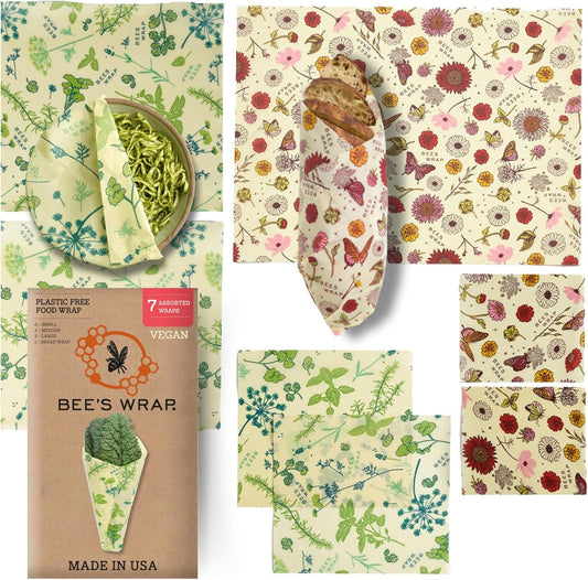 Bee's Wrap Vegan Beeswax Wraps for Food - Assorted 7 Pack (2S, 2M, 2L, & 1 Bread) Made in USA Reusable & Organic Food Wraps & Bowl Covers - Eco-Friendly Alternative to Aluminum Foil & Plastic Wrap