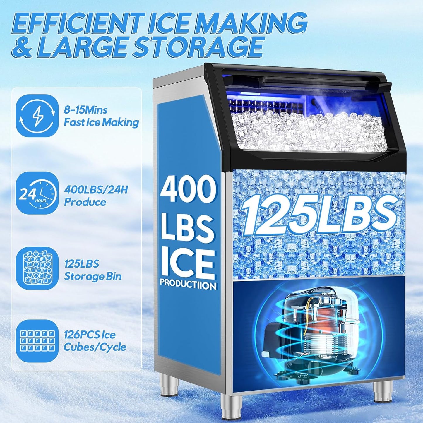 Commercial Ice Maker Machine 400LBS/24H with 125LBS Large Ice Storage Bin, 126Pcs Clear Ice Cubes in 11Mins, Stainless Steel Under Counter Industrial Ice Machine for Bar, Restaurant Business