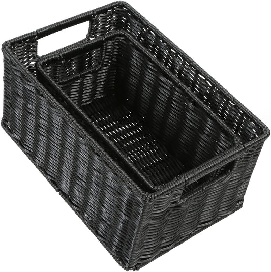 HOONEX Wicker Baskets for Storage, Plastic Baskets for Organizing with Dual Handles, Woven Baskets for Storage, Set of 2, Black