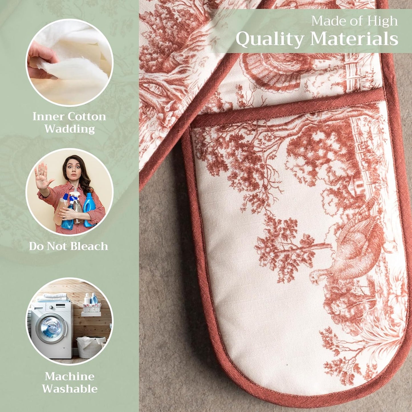 Maison d' Hermine Double Oven Mitt 100% Cotton Heat Resistant Cooking Gloves with Loop, Baking Barbeque, Handling Hot Pan, Holy Jouy - Brown - Thanksgiving/Christmas (7 Inch x 35 Inch)