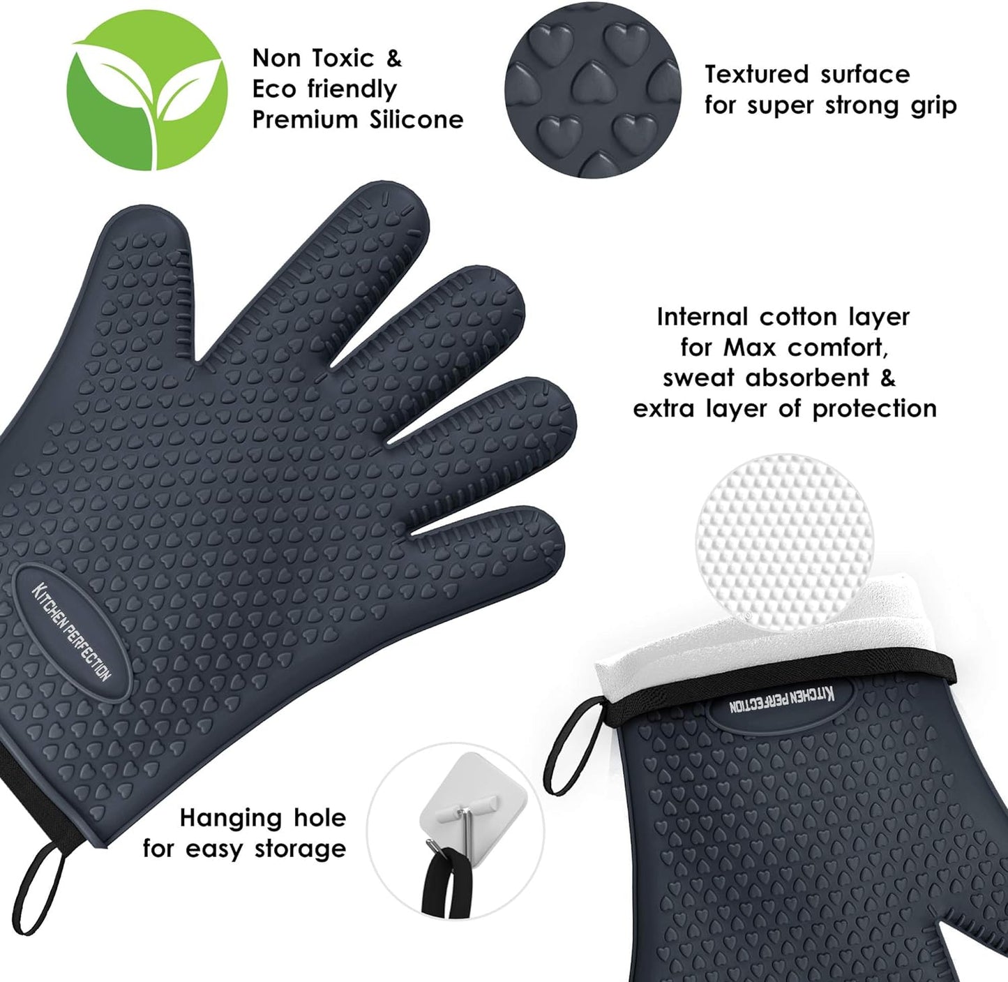 KITCHEN PERFECTION Silicone Smoker Oven Gloves -Extreme Heat Resistant BBQ Gloves -Handle Hot Food Right on Your Smoker Grill Fryer Pit|Waterproof Oven Mitts Grill Gloves |Superior Value Set+3 Bonuses