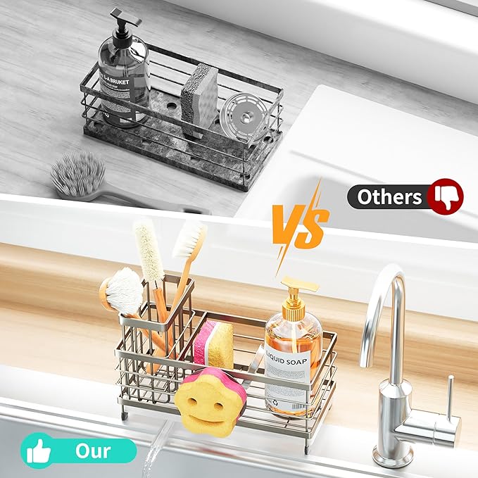 HapiRm Sink Caddy Sponge Holder - Self-draining Kitchen Sink Organizer with Smiley Face and Brush Holder, Stainless Steel Kitchen Organizer for Countertop - Brushed Nickel