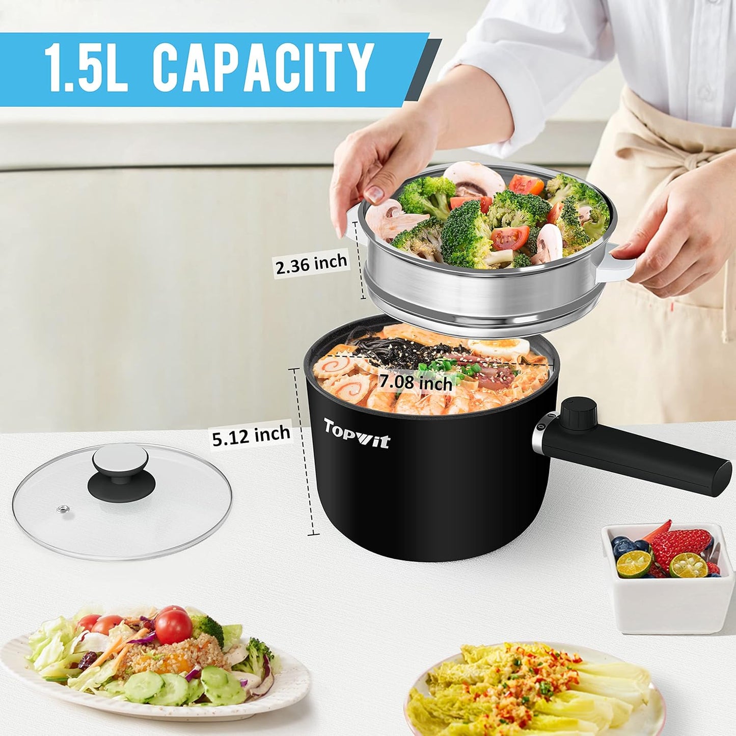 Topwit Hot Pot Electric with Steamer, 1.5L Ramen Cooker, Non-Stick Frying Pan, Electric Pot for Pasta, BPA Free, Electric Cooker with Dual Power Control, Over-Heating & Boil Dry Protection, Black
