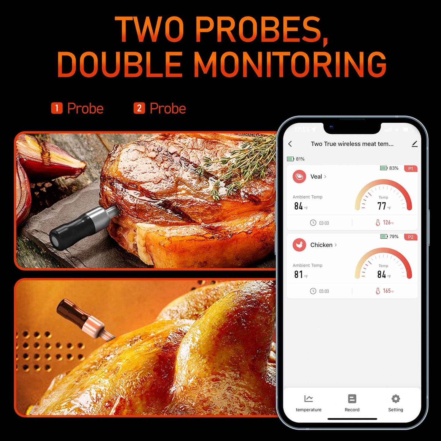 AlfaBot Wireless Meat Thermometer with 2 Meat Probes, 520 FT Bluetooth Meat Thermometer with Digital Food Thermometer for Remote Monitoring of BBQ Grill, Oven