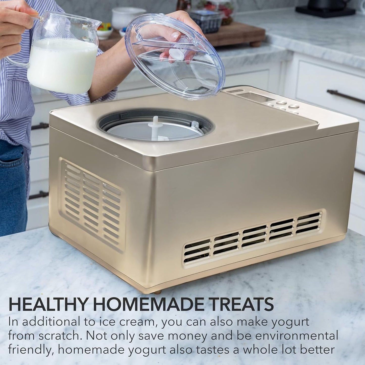 Whynter Ice Cream Maker Machine & Yogurt Automatic 2 Qt. with Built-in Compressor, LCD Digital Display & Timer, No Pre-Freezing, ICM-220CGY, Champagne Gold