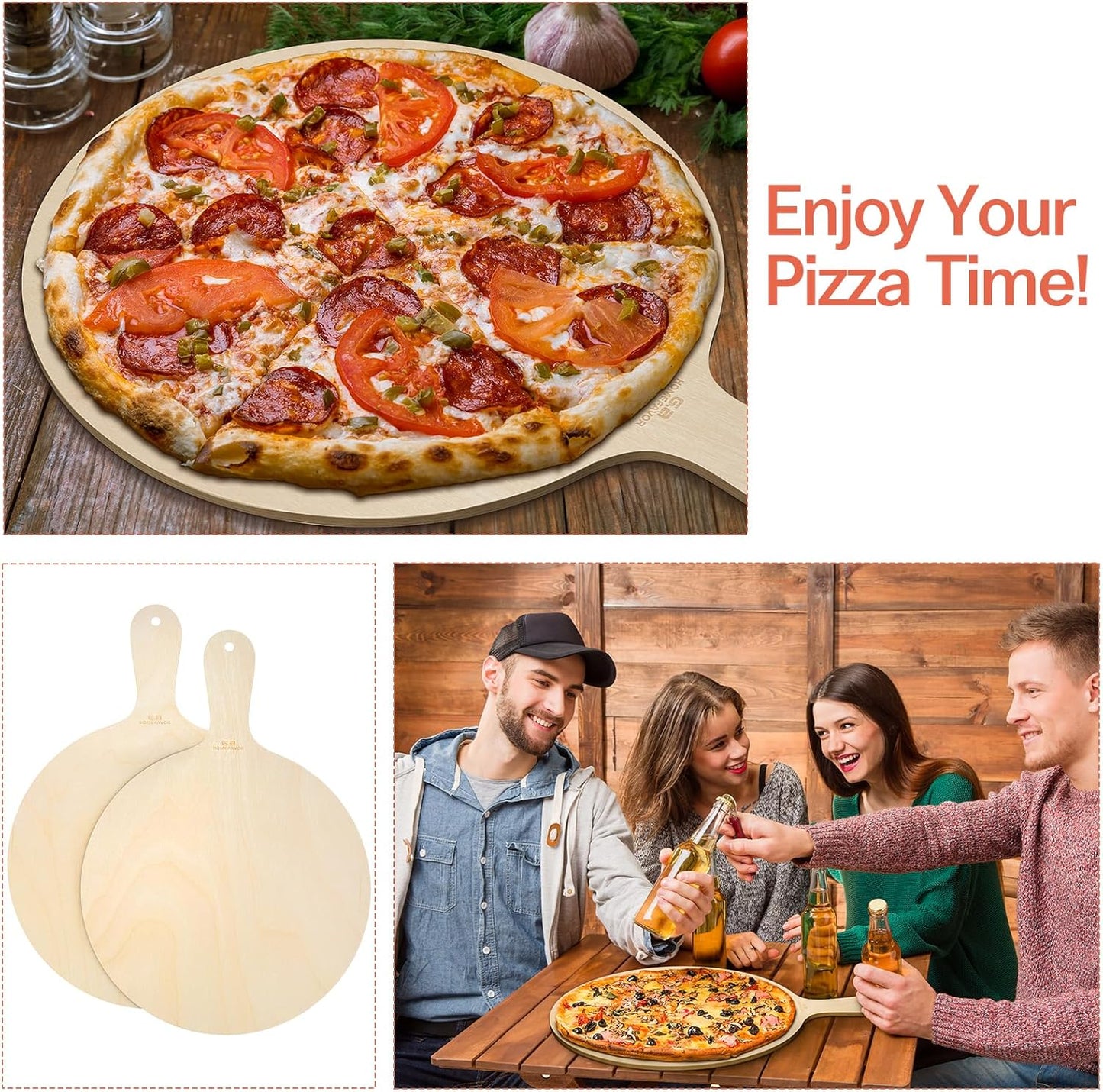 G.a HOMEFAVOR 2-Piece Wooden Pizza Peel: 12 Inch Pizza Spatula with Wood Handle Suitable for 12"x12" Pizzas - Large Cutting Board for Transferring Pizza in Oven