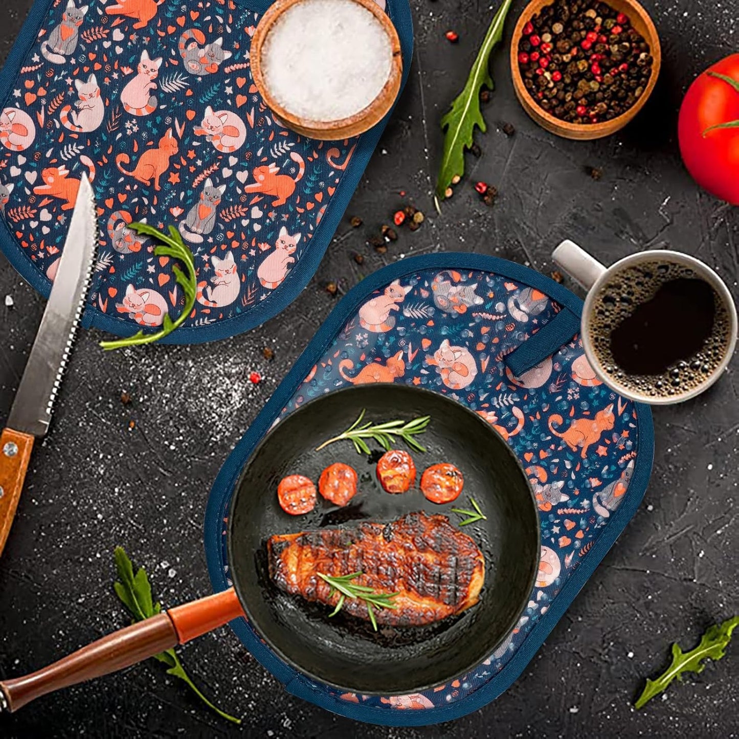 Pot Holders Set of 2 with Transparent Clear Silicone Shell and Nice Cat Flower Cotton Lining, Heat Resistant to 500 F Kitchen Oven Gloves Pot Holder for Cooking (Navy, Cat, Potholders)