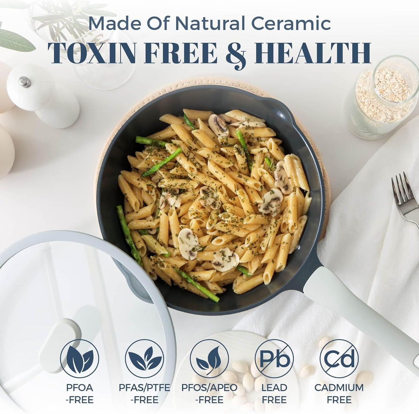 Ceramic Nonstick Deep Saute Pan with Lid, 10/12 Inch Non Toxic Pans with Double Pour Spout, Helper Handle and Lid, Metal Utennsil Safe, Dishwasher Safe, (12 Inch, Gray)