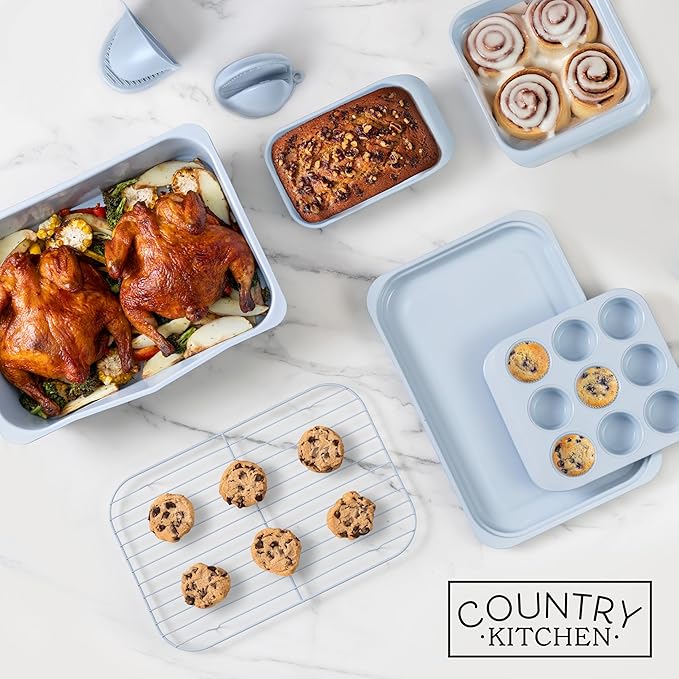 Country Kitchen Nonstick Stackable Bakeware Set - Deluxe Heavy Duty, Durable, Easy Release Baking Set, 8 Pcs, Light Blue