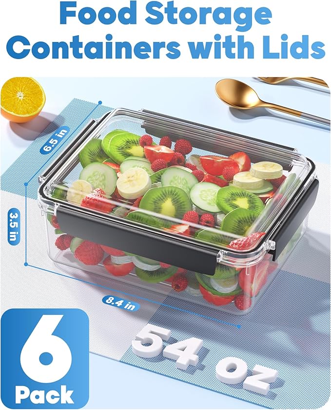 7 Cup Food Storage Containers with Lids, 6 Pack Plastic Food Containers, BPA Free Meal Prep Containers Reusable, Freezer Microwave Dishwasher Safe, Includes Labels & Pen