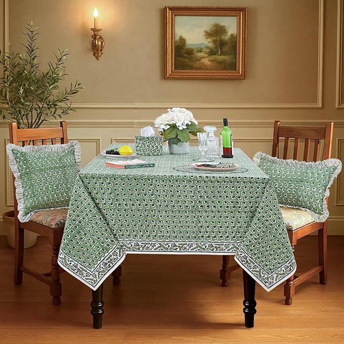 Ridhi Basil Green 60 x 90 Inches Rectangular Cotton Washable Tablecloth, Hand Block Print Floral, for Kitchen, Dining, Spring, Easter, Wedding, Birthday, Bridal