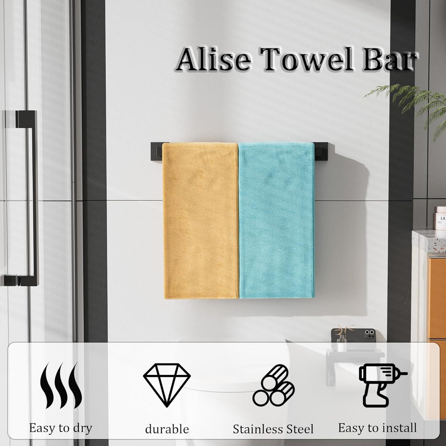 Alise Black Towel Bars,19.7 Inch Towel Holder Towel Racks for Bathroom and Lavatory,SUS304 Stainless Steel Hand Towel Hanger Rail Wall Mount,Useable Length 17.91 Inch Towel Bar, GYT050-B