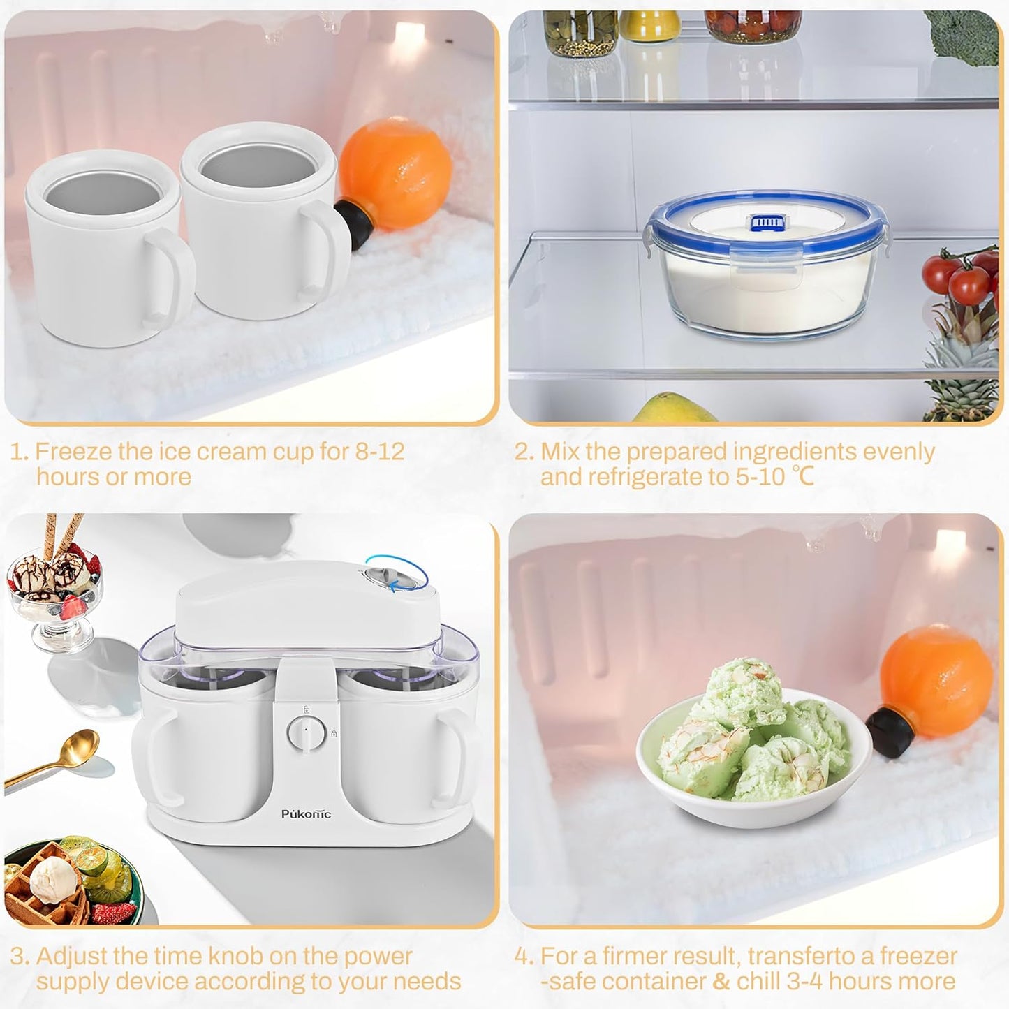 Pukomc Ice Cream Maker Machine for Home Use, with Two Ice Cream Bowls,Simple Operation and Easy to Clean,White