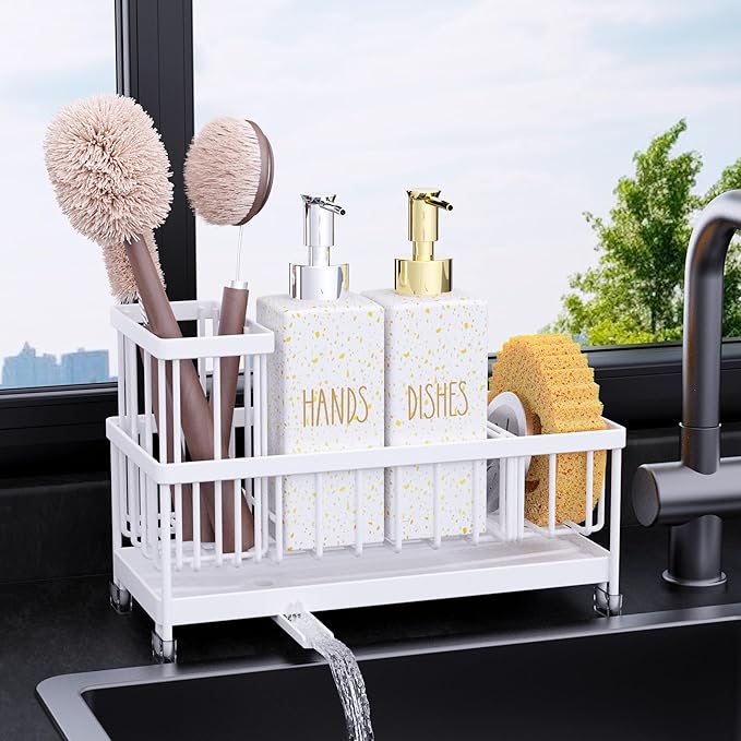 Cisily Dish Soap Dispenser, 12 fl oz Dual Kitchen Soap Dispensers with Sponge Holder, Pump Glass Bottle Kitchen Soap Dispenser Set, Modern Hand and Dish Soap Bottle Set Removable