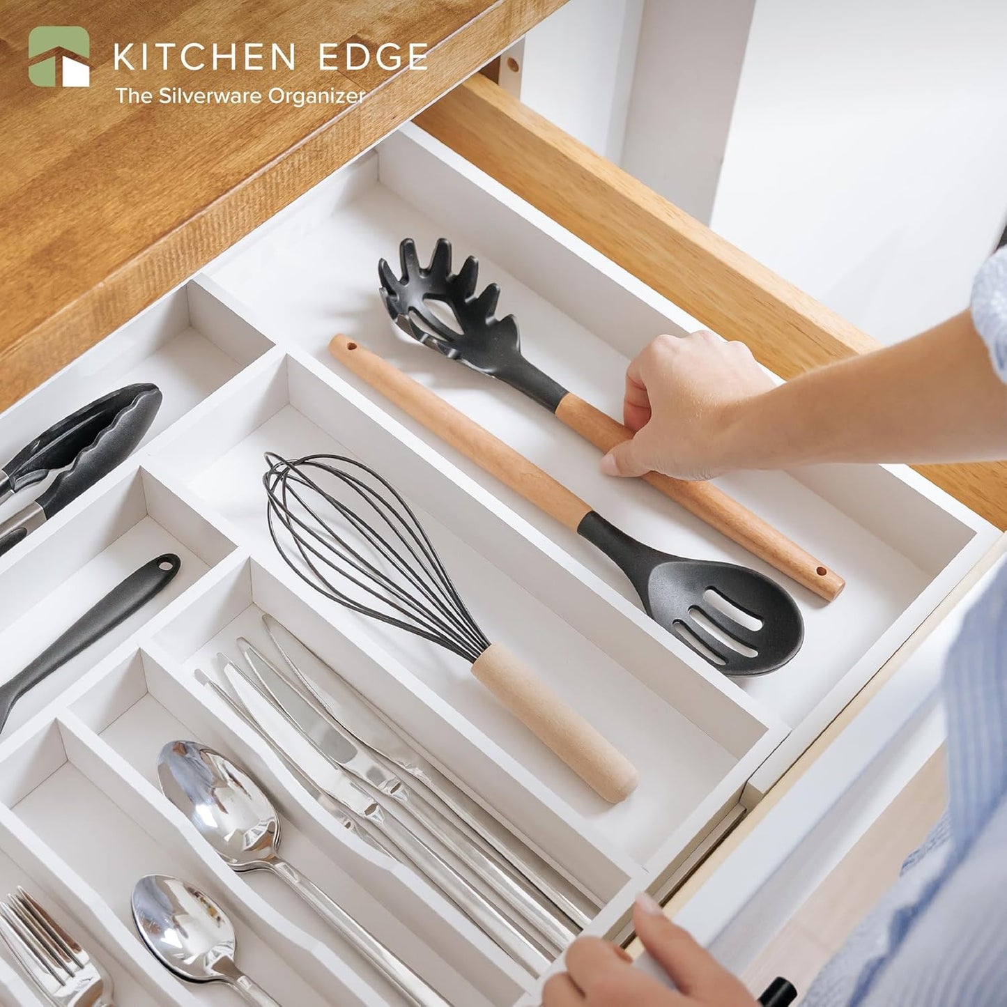 KitchenEdge Premium Silverware, Flatware and Utensil Organizer for Kitchen Drawers, Food-Safe Contract Grade, Expandable from 16 to 28 In, White Bamboo