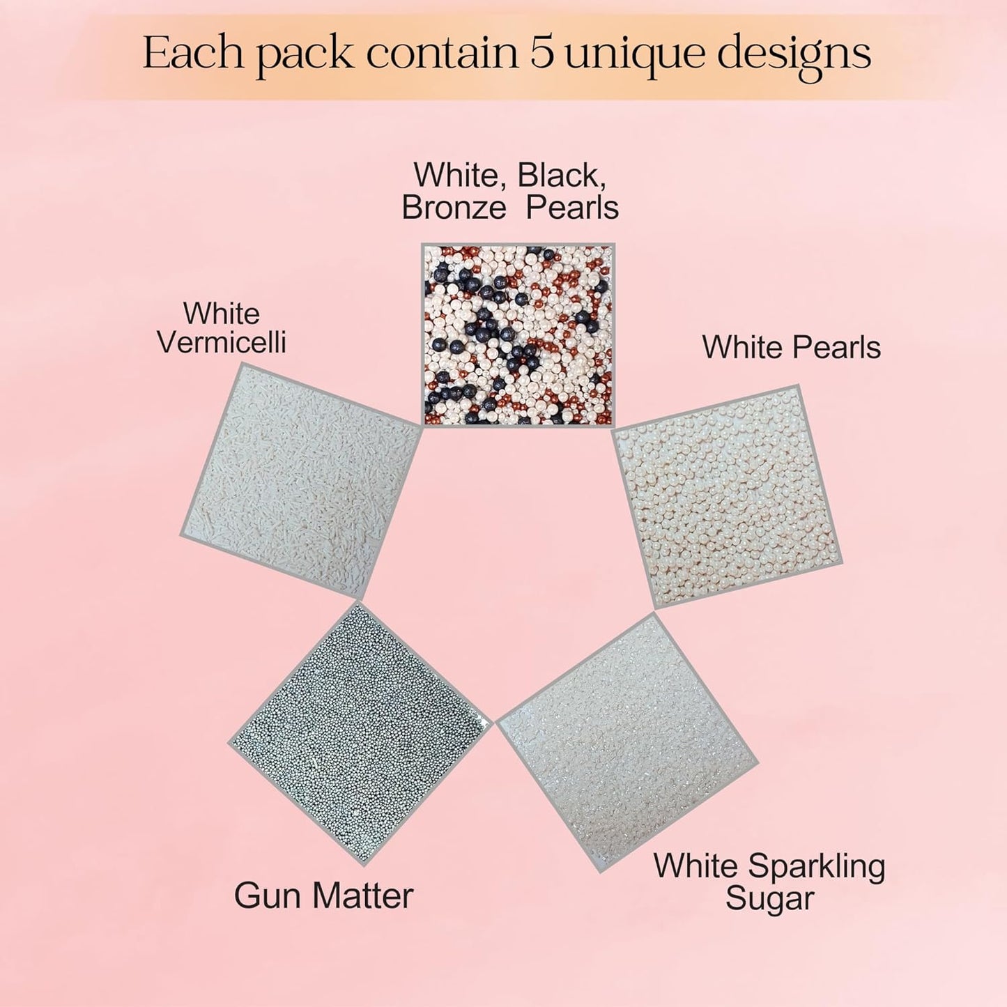 Confect White Sprinkles | Sprinkles for Cakes & Cupcakes Decoration | Assorted pack of 5 | Mix Black, Bronze & White Dragees Pearl , Jimmies & Sparkling Sugar | Vegan, Gluten-Free, Nut-Free, Soy-Free, Dairy-Free, Palm Oil-Free- 5 Oz