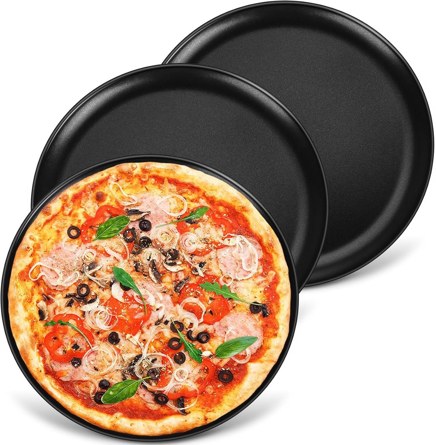 P&P CHEF 10 Inch Pizza Pan, 3 Pieces Stainless Steel Round Pizza Tray Dish Plate For Oven Baking Roasting, Healthy & Heavy Duty, Rust Free & Dishwasher Safe -Black