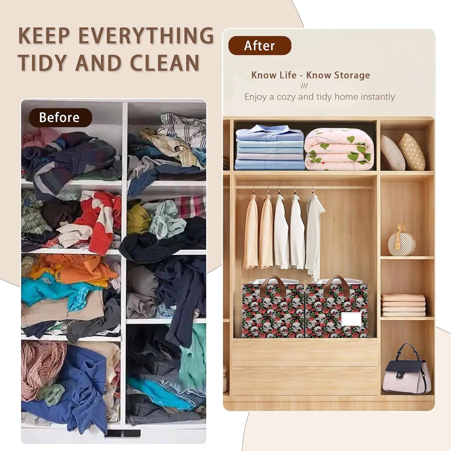 Skull Flower Pattern Collapsible Storage Bin-17x11.5x10.5 Inch Foldable Organizer for Halloween Decor, Gothic Room, Under Bed Storage-Single Pack