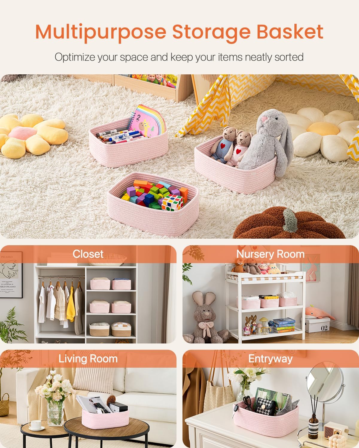 Small Woven Basket, 13.5 x 9.5 x 5 Inches, Storage Basket for Organizing, Cute Small Rope Shelf Closet Cube Storage Bins Baskets for Shelves, Dog Toy Gift Baskets Empty, 3 Pack Light Pink