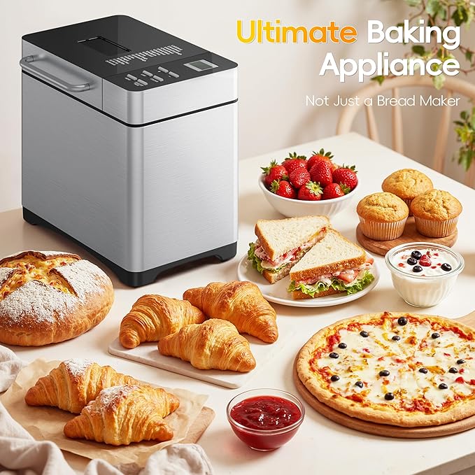 Manastin 2LB & 1.5LB Bread Maker Machine, 19-in-1 Automatic with 3 Crust Colors, 3-Step Beginner-Friendly Operation, Keep Warm, Programmable Delay Timer for Homemade Bread, Silver