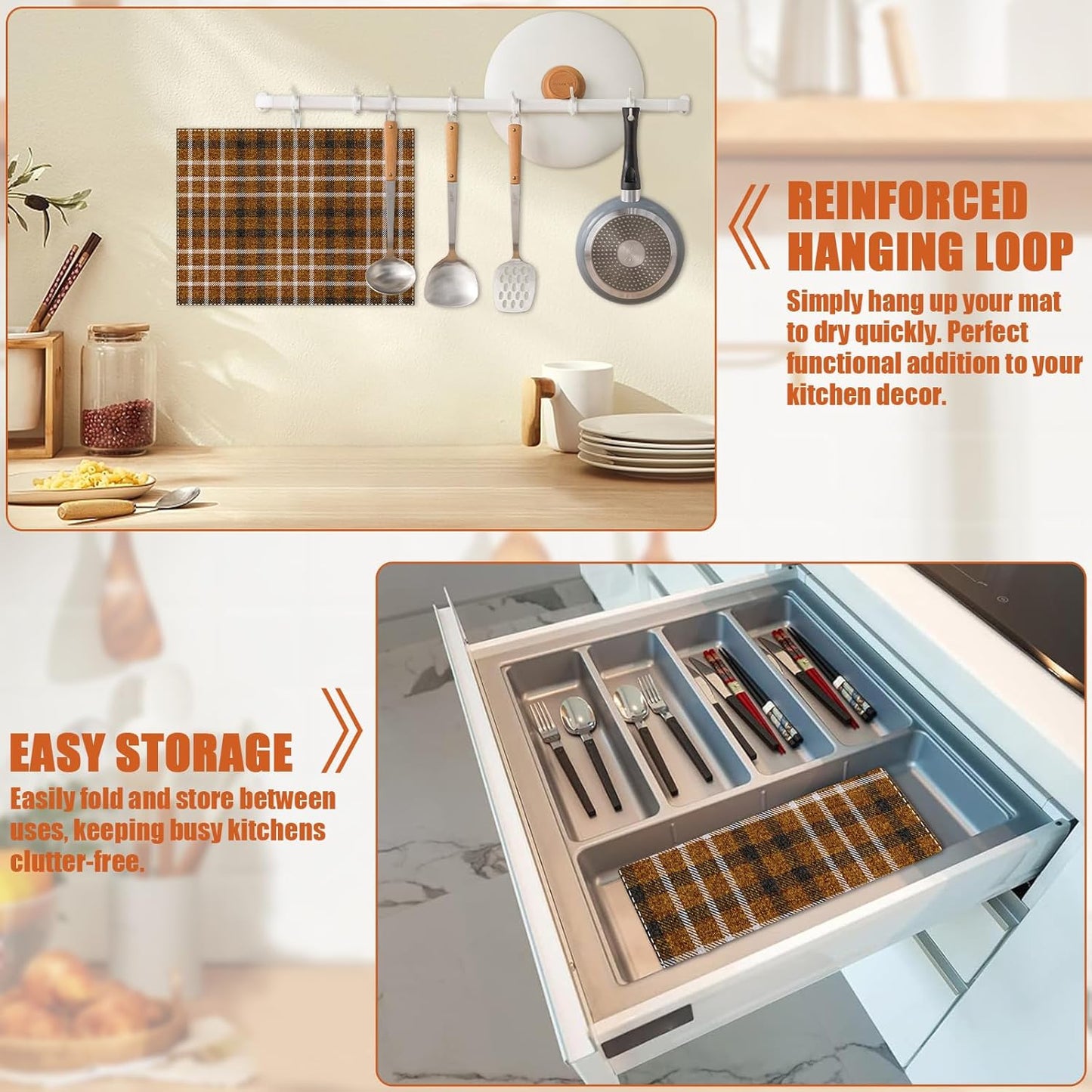 Brown Plaid Dish Drying Mat for Kitchen Counter Microfiber Absorbent Dish Kitchen Drying Mat Draining Reusable Washable for Dishes/Utensils/Counterto