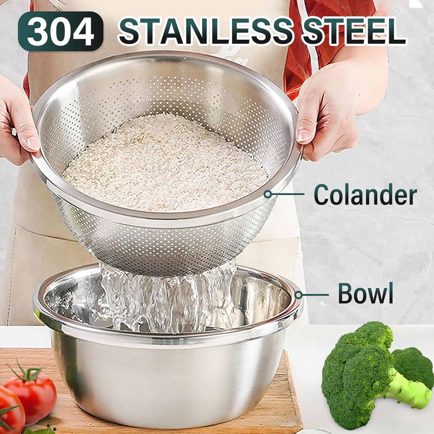 304 Stainless Steel Colander 2QT Microporous Colander & Mixing Bowl for Kitchen Cooking,Rice Strainer with Washing Bowl for Pasta Straining,Fruit Washing,Vegetable Draining(2PCs)