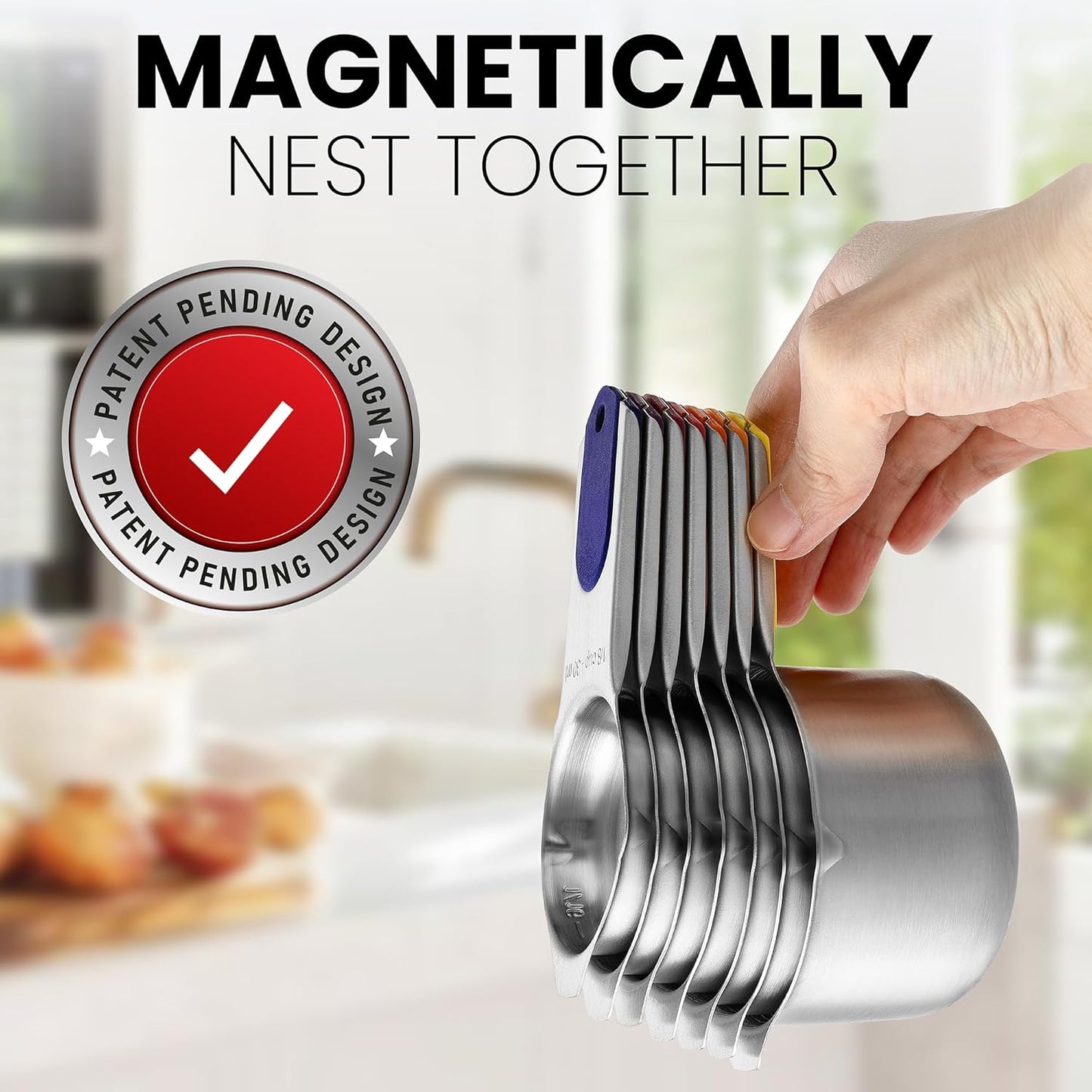 Spring Chef Magnetic Stainless Steel Measuring Cups, Patented, Kitchen Tools with Easy to Read Markings for Measuring Dry or Liquid Ingredients, Set of 7, Mountain Sunrise