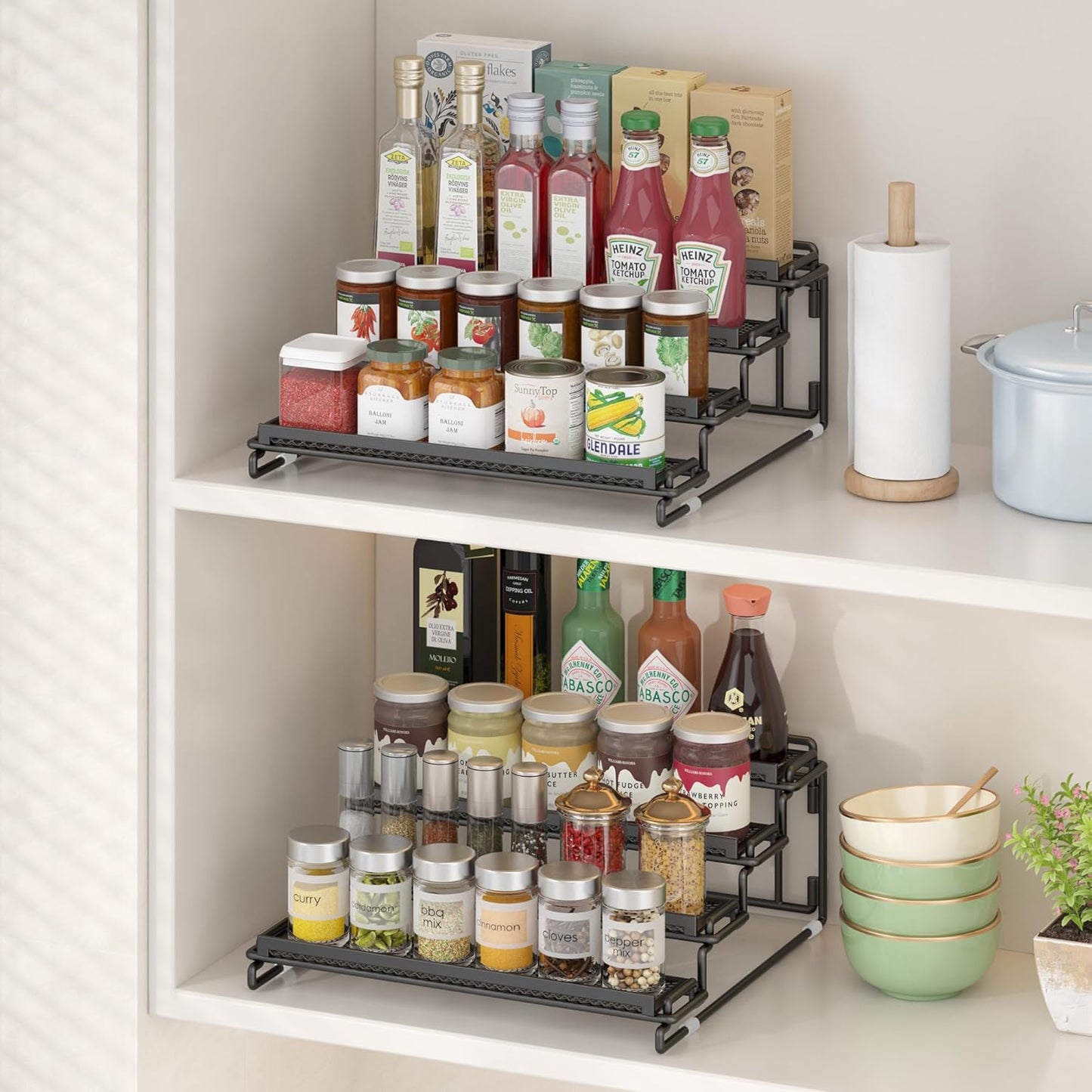 4 Tier Spice Rack Organizer for Inside Cabinet Display Riser Shelf Seasoning Organizer for Countertop Cupboard Pantry Step Storage Holder with Protection Railing (2PC Black)