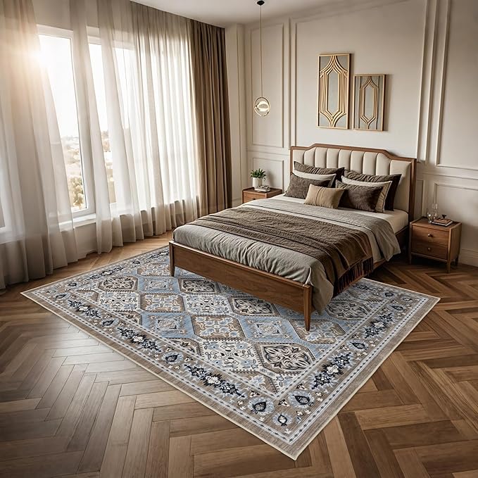 Area Rug for Living Room - Indoor Machine Washable Vintage Rug for Bedroom Dinning Room Floor Carpet Non-Slip Backing Rugs Floral Soft Low-Pile Office Rug (Blue/Brown, 6' × 9')