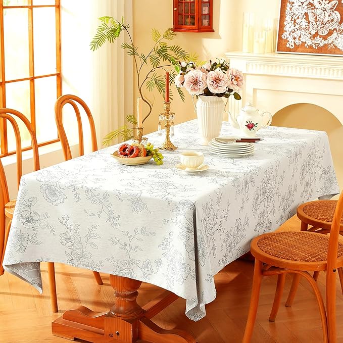 Chassic Premium Vintage Farmhouse Damask Floral 52 x 52 inch Square Table Cloth – Water Resistant Linen Textured Jacquard Tablecloth for Kitchen Dining & Picnic Decor - Grey