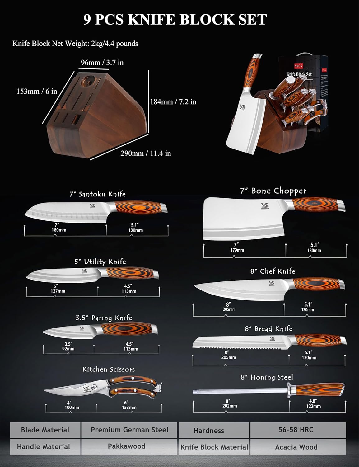MSY BIGSUNNY 9pcs Knife Block Set, German Steel Kitchen Knife Set with Bone Chopper, Precious Pakkawood Handle for Chef Knife Block Set