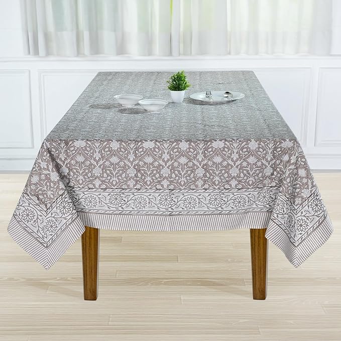 Ridhi Taupe Hand Block Print Cotton Rectangle Tablecloth 90 x 60 inches Reusable Table Cover Decorative Everyday Use for Dining Room, Farmhouse, Home, Party, Festive & Wedding, Fall