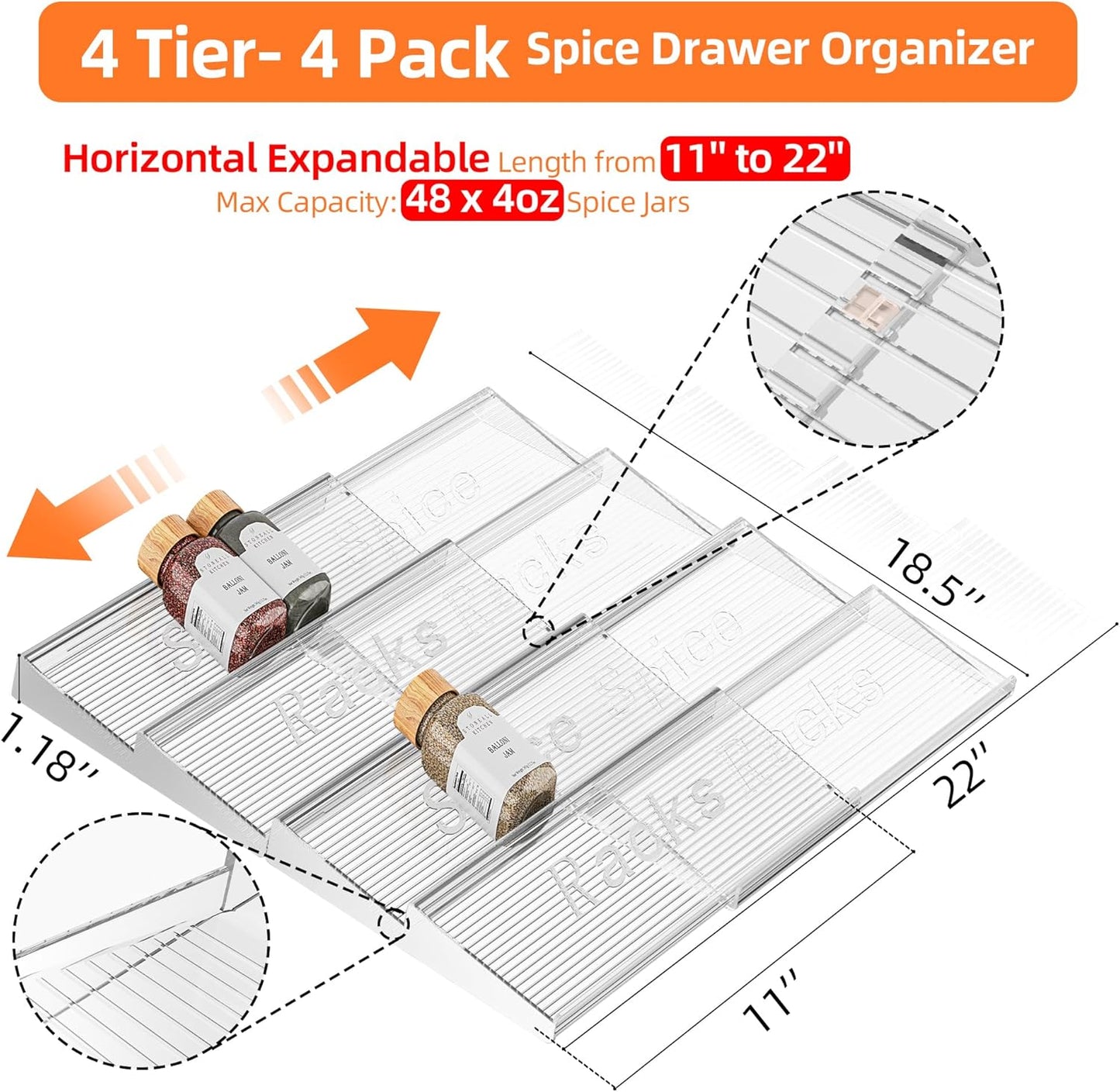 Spice Drawer Organizer, 4 Tier- 4 Pack Clear Acrylic Drawer Seasoning Organizer, Expandable From 11'' to 22'' Kitchen Spice Rack Organizers and Storage for Drawer (Jars not included)