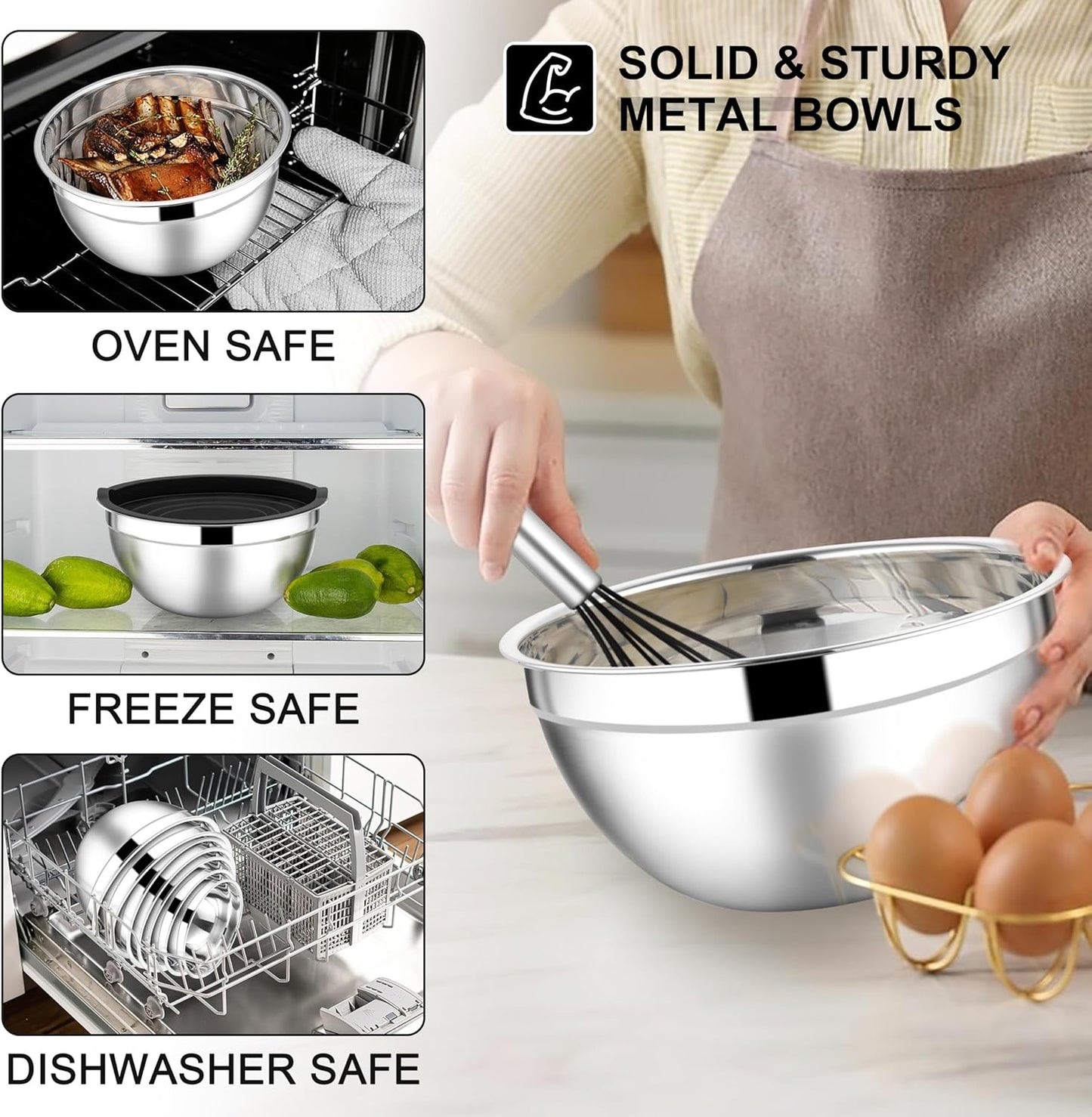 E-far Mixing Bowls with Lids Set, 21PCS Stainless Steel Salad Mixing Bowls with 3 Grater Attachments, Size 7, 4.6, 3.5, 2.6, 2, 1.5, 1QT, Nesting Design & Black Airtight Lid, For Baking/Prepping