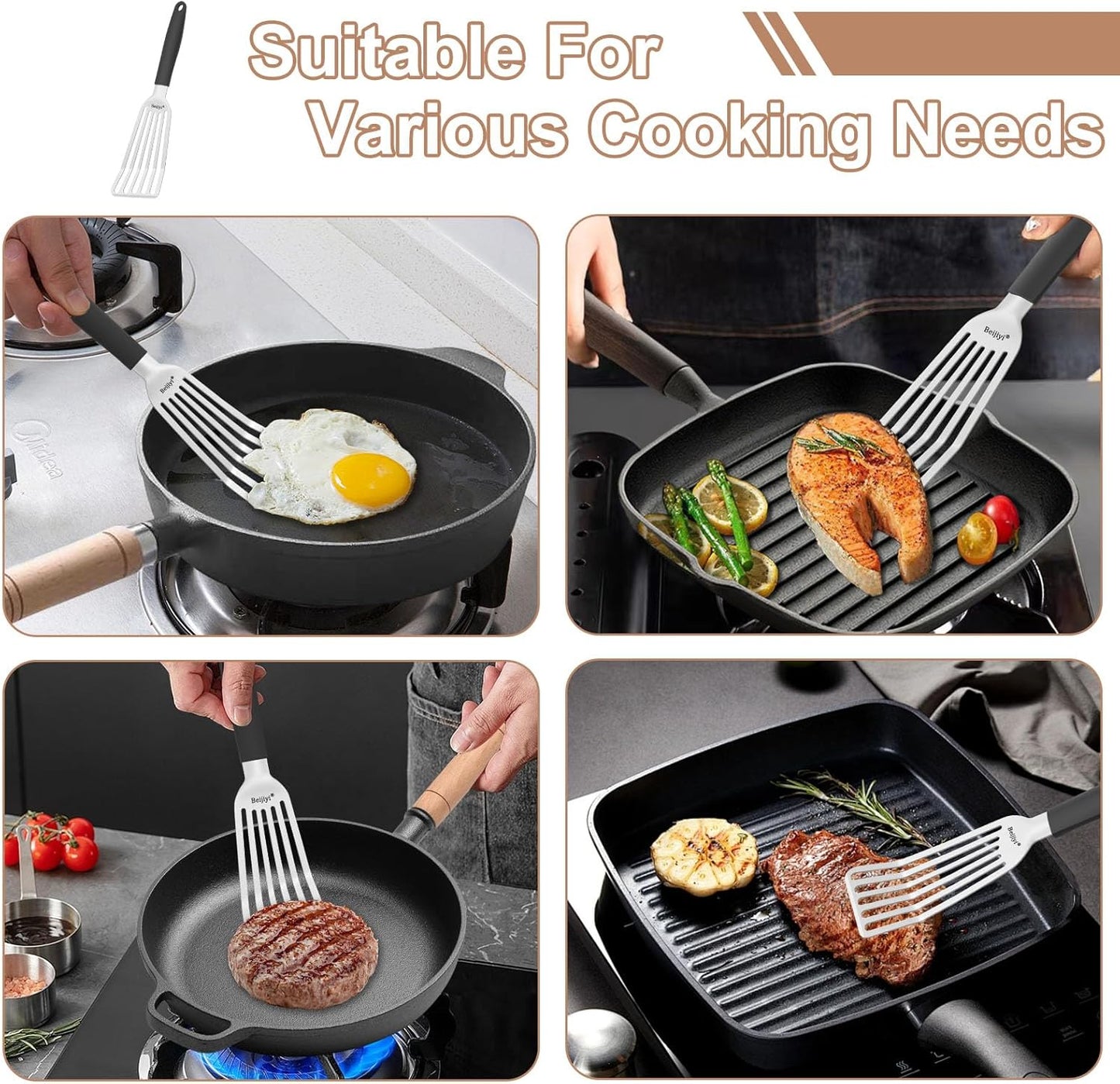 Beijiyi Stainless Steel Fish Spatula, 11.7" Small Metal Spatula for Cast Iron Skillet, Slotted Turner with Silicone Handle, Kitchen Cooking Flipper for Fish, Egg and Burger