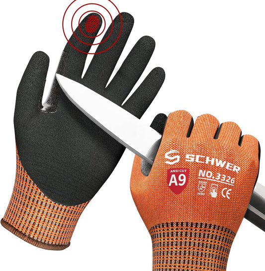 Schwer ProGuard Highest Level Cut Resistant Work Gloves PR3326 for Extreme Protection，ANSI A9 Cut Gloves with Reinforced Thumb, Non Slip, Breathable, Durable, Touch-screen, Non PFAS, Orange 1 Pair（L）