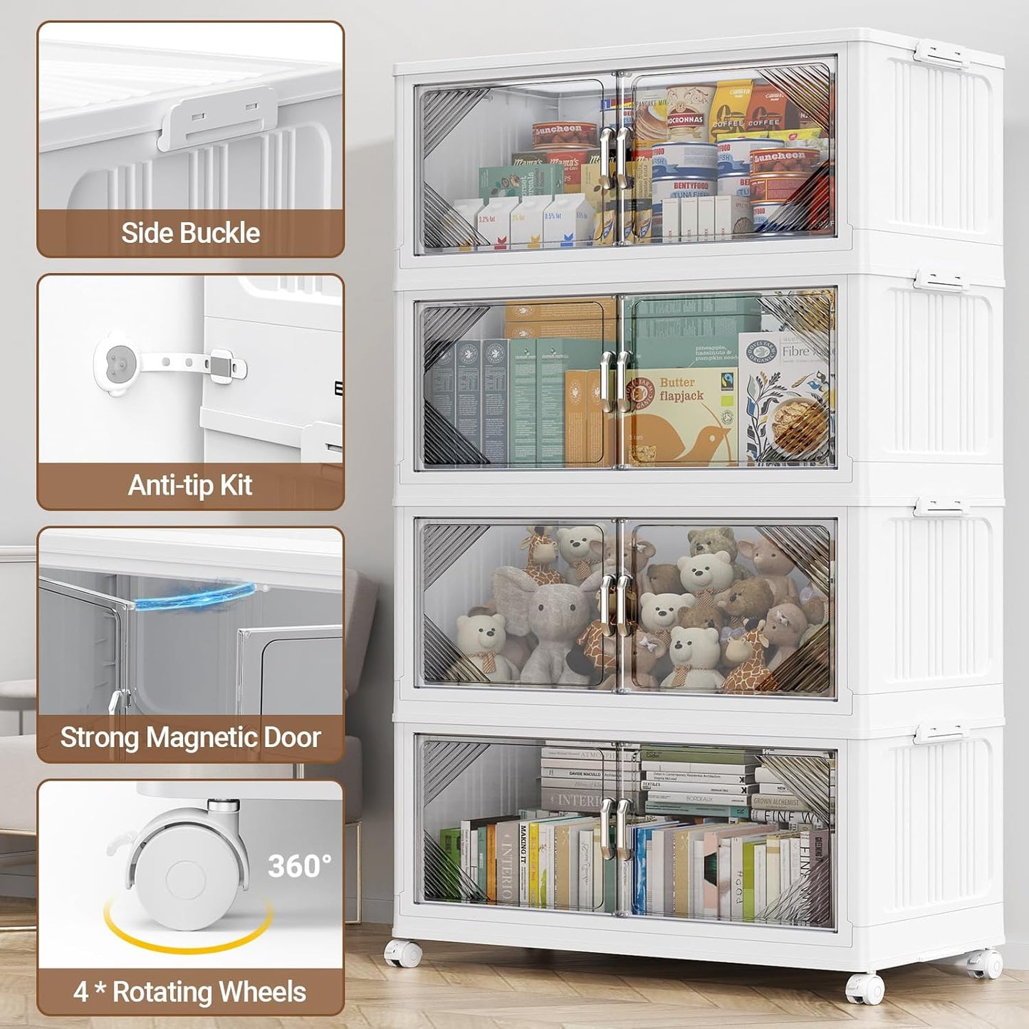140Gal Plastic Stackable Storage Bins with Lid, 560QT Extra Large Closet Organizers Collapsible Cabinets Boxes with Drawers, Foldable Containers with 4X Wheels for Home Kitchen, V60 4Pack White