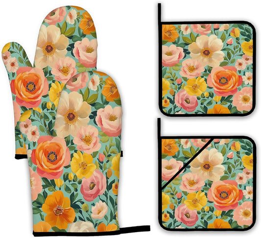 Vintage Pink Poppy Oven Mitts and Pot Holders,Floral Flower Heat Resistant Oven Mitts Gloves and Pot Holder for Home Kitchen Decorations Cooking Baking BBQ Gifts,Set of 4