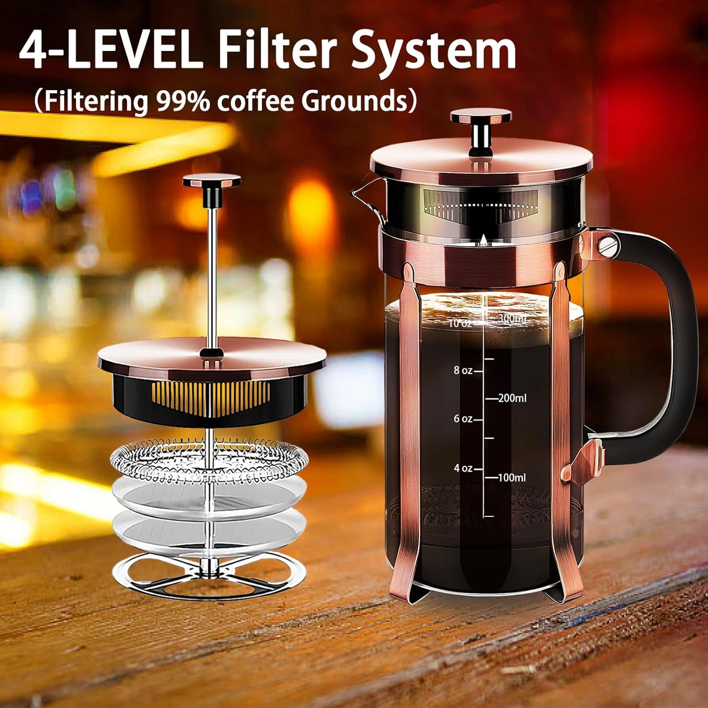 French Press Coffee Maker 304 Stainless Steel Coffee Press,with 4 Filters System, Heat Resistant Thickness Borosilicate French Press Glass, BPA-Free Brewed Tea Pot Coffee Plunger(Copper 12oz)