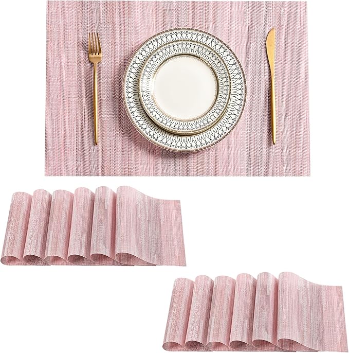 Leetaltree Misty Rose Placemats Set of 12 - Heat Resistant Non-Slip Place mats for Dining Table, Washable Durable PVC Vinyl Woven Table Mats（Misty Rose, 12）