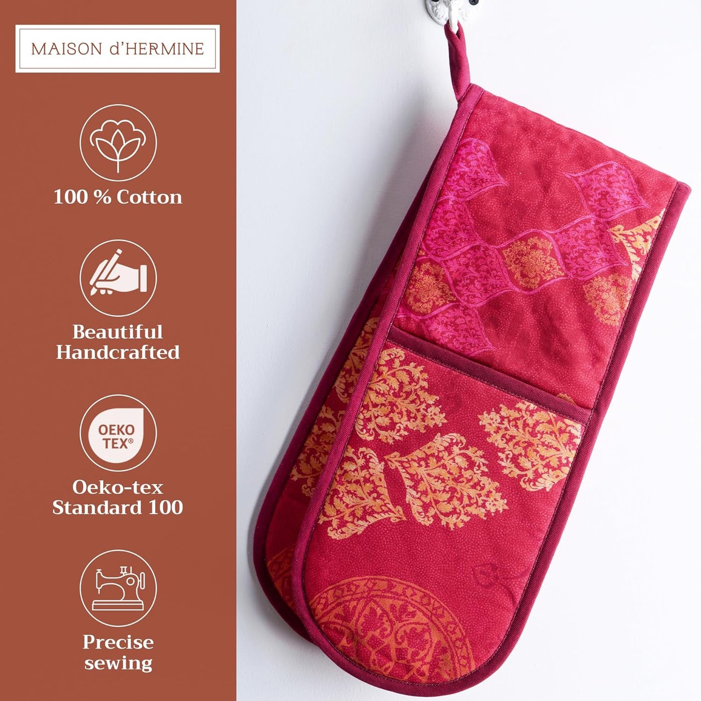 Maison d' Hermine Double Oven Mitts 100% Cotton 7"x35" Double Oven Mitt Heat Resistant BBQ Cooking Gloves with Loop, Baking, Grilling, Home, Kitchen, Handling Hot Pans (Versailles)